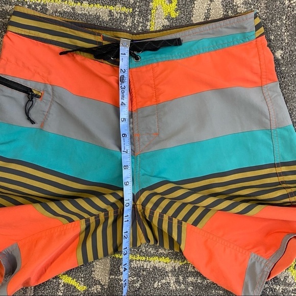 Patagonia Wavefarer Blue Orange Yellow Striped Tie Waist Board Shorts EUC 31 - Picture 6 of 7